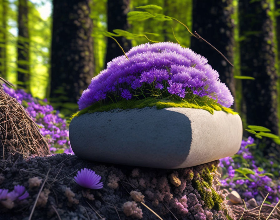 Stone with grass tuft and purple flowers in forest setting.