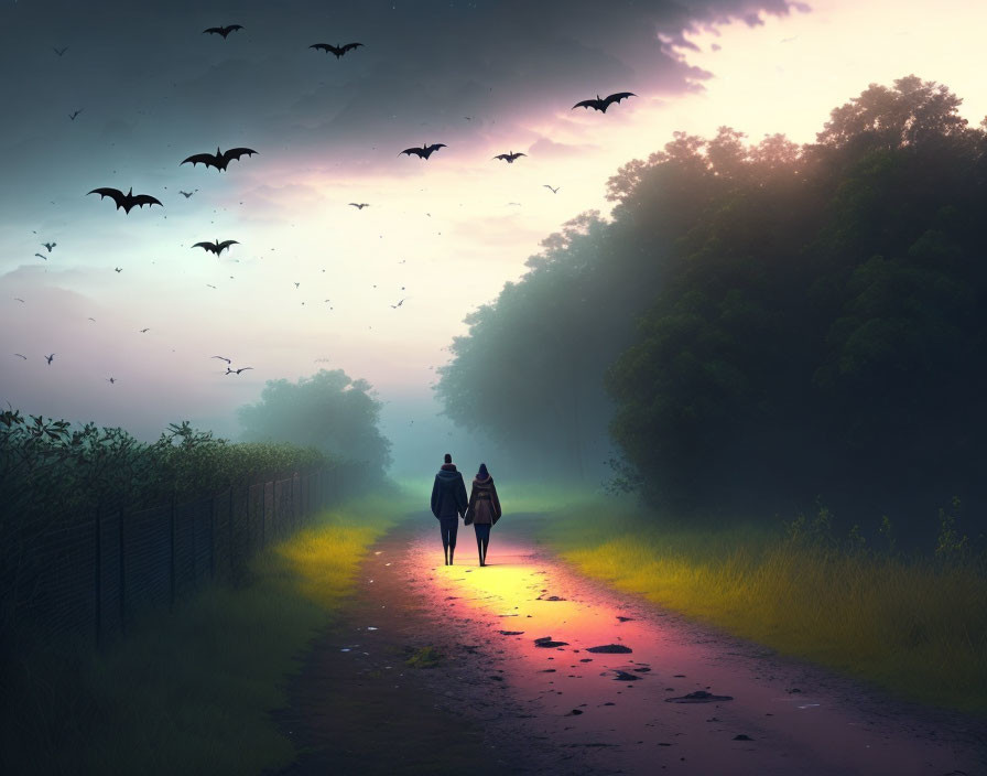Twilight scene: Two people walking on misty path with bats and lush greenery