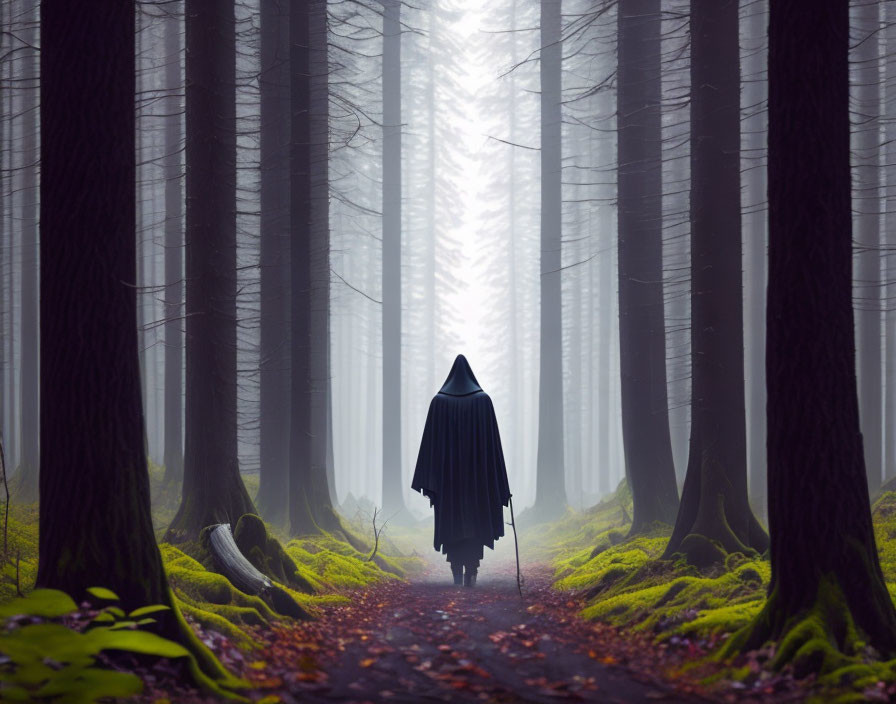 Mysterious figure walking in misty forest with sunlight and moss
