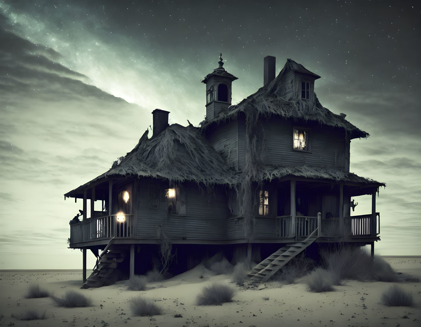 Abandoned two-story house at night in desert landscape