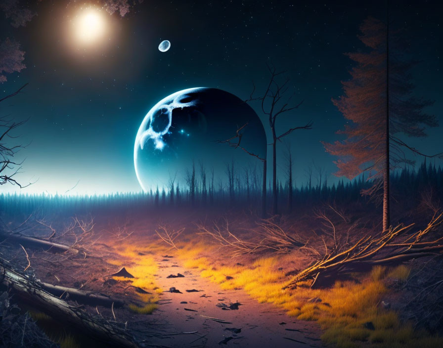 Surreal landscape with large moon, barren trees, glowing ground, and starry sky