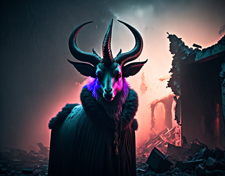 Surreal humanoid figure with goat head in black cloak under neon-lit stormy sky