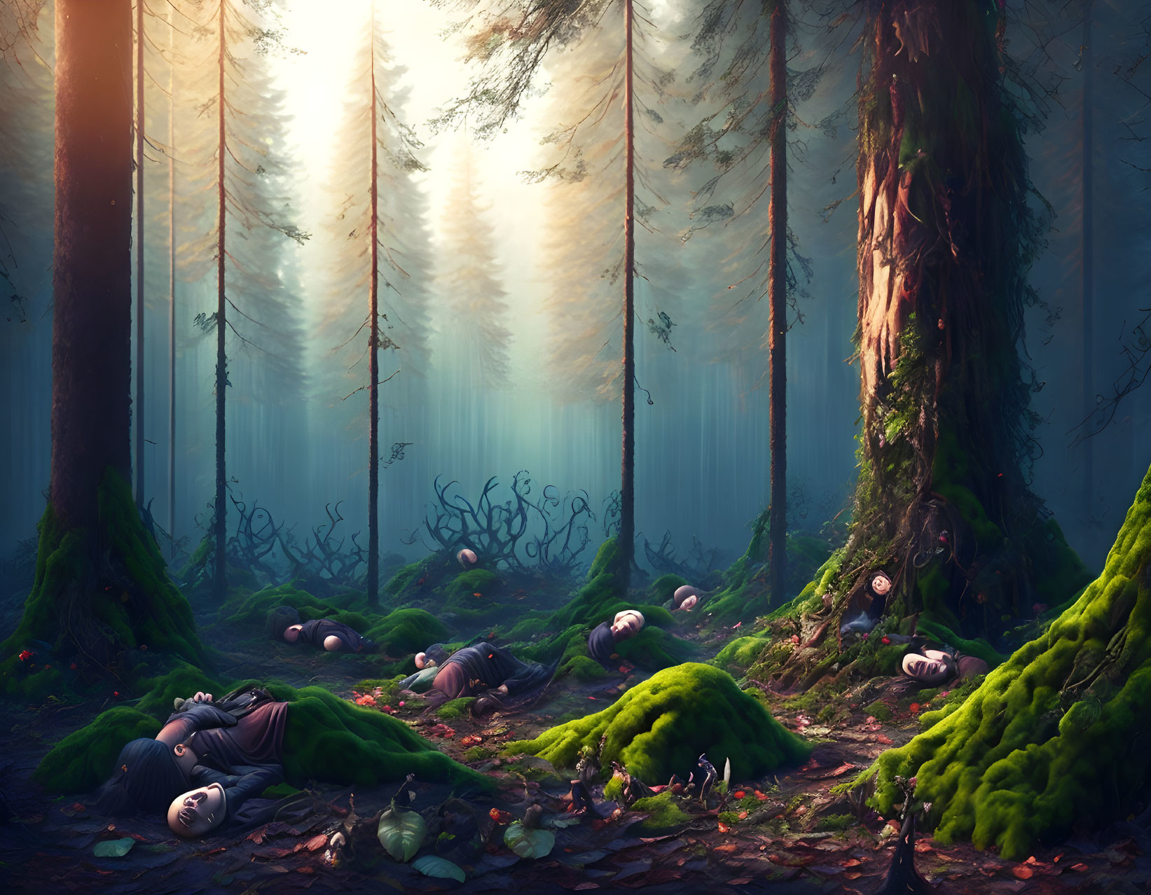 Enchanting forest landscape with spiraled snails and mist
