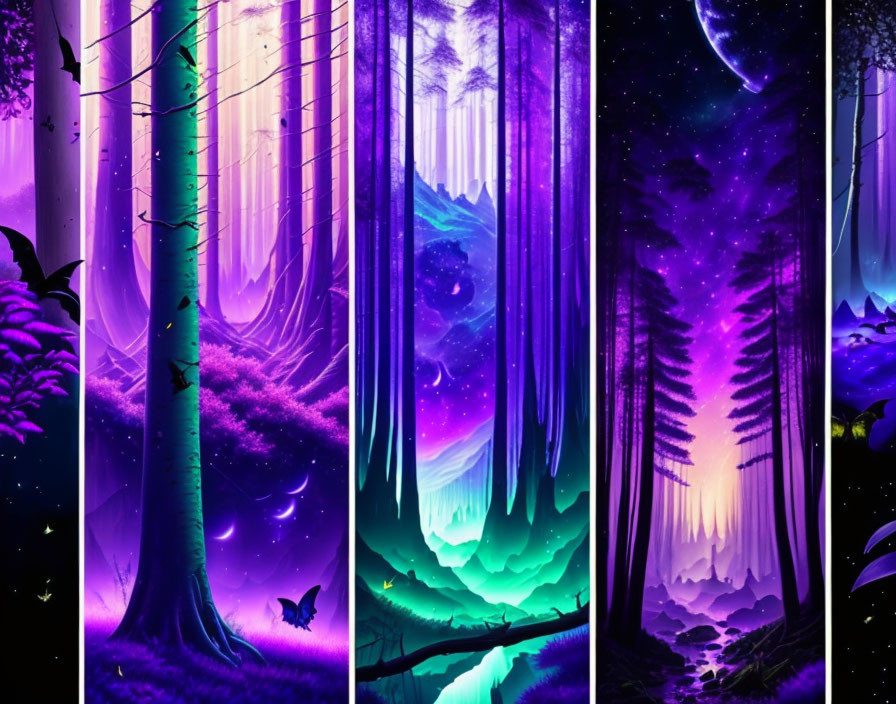Vibrant Fantasy Forest Triptych with Purple and Teal Hues