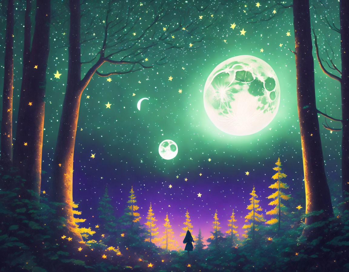 Enchanting night forest with glowing moon and vibrant trees