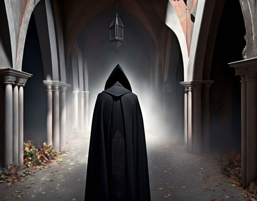 Mysterious cloaked figure in dimly lit arched corridor