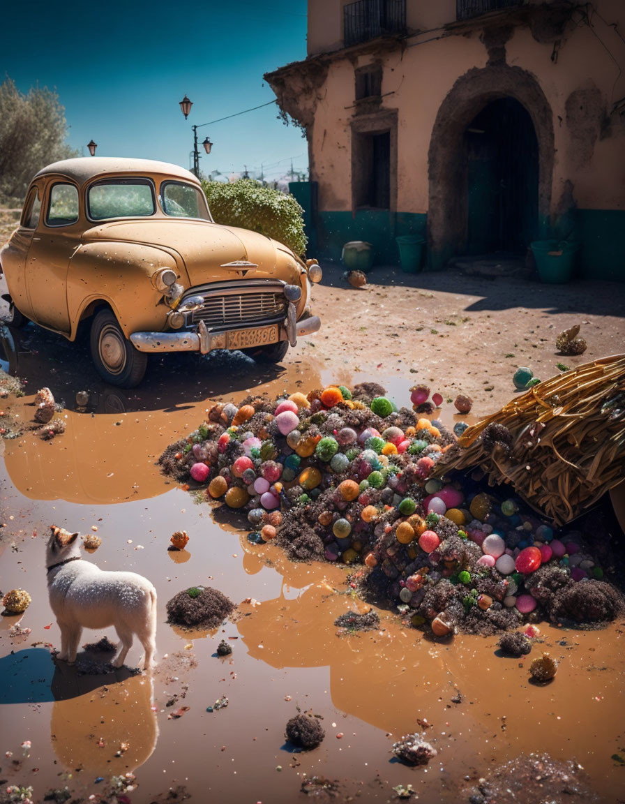 Vintage Yellow Car Parked Next to Old Building with Colorful Balls and Small Dog Reflecting in P