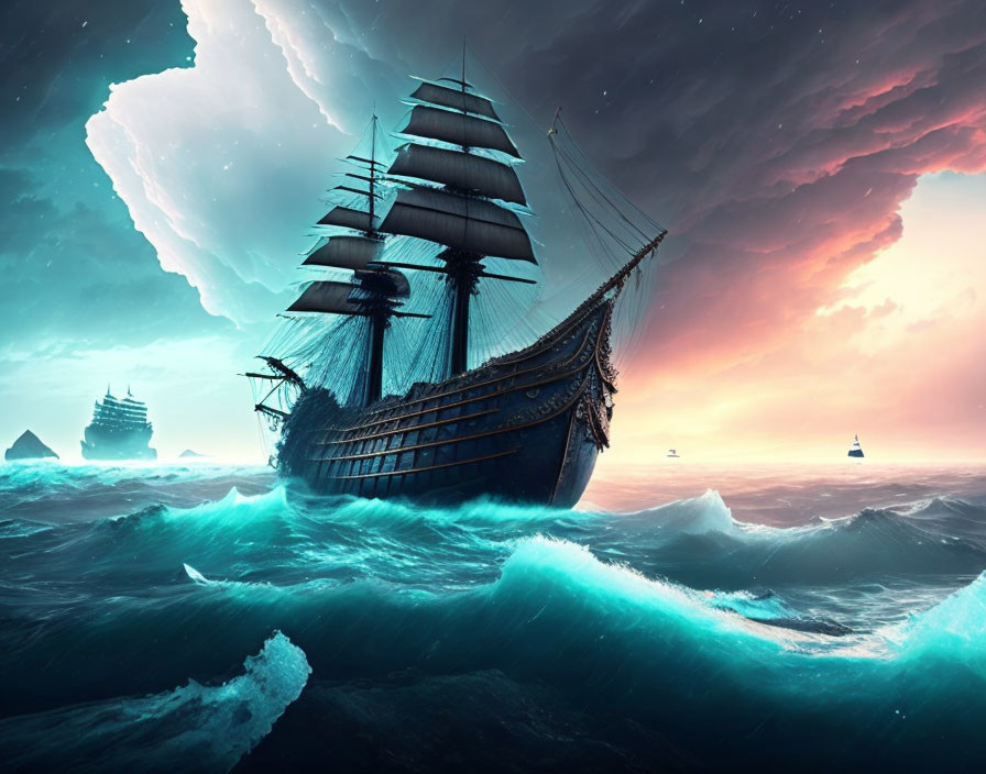 Majestic sailing ship on turbulent teal waves under dramatic sky