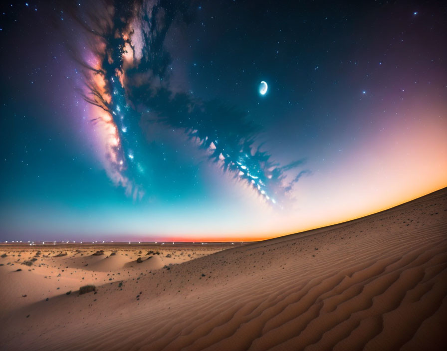 Desert landscape at twilight with crescent moon and starlit sky