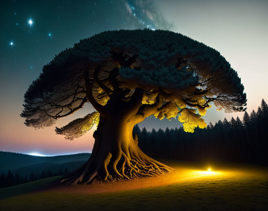 Majestic tree with broad canopy in serene forest at night