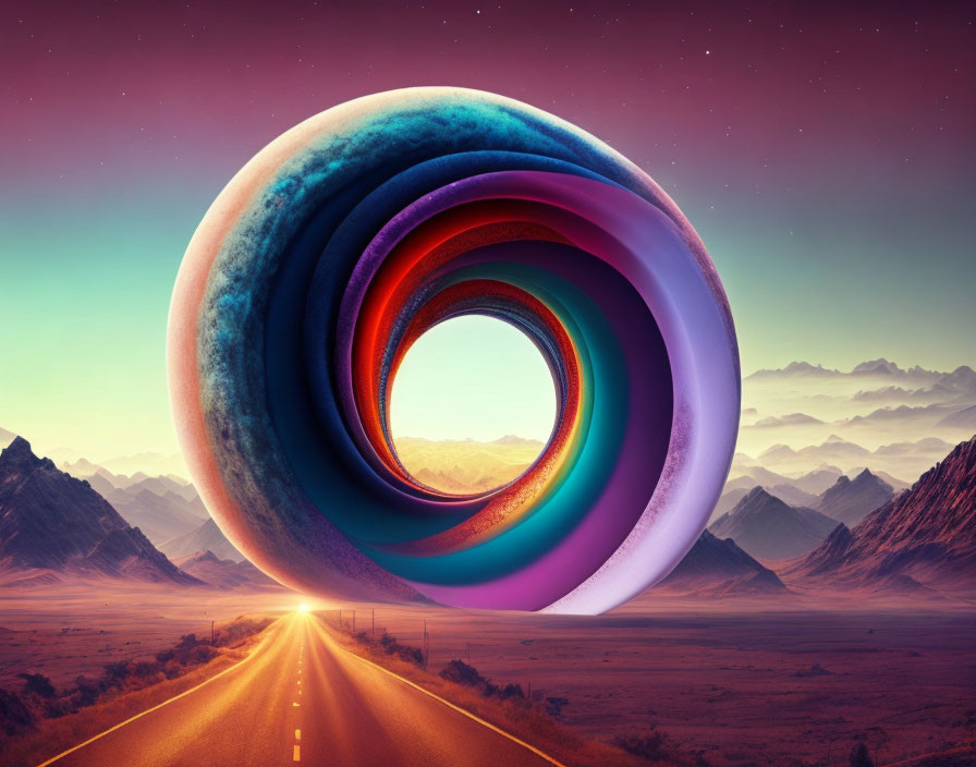 Desert road with colorful floating rings at sunset