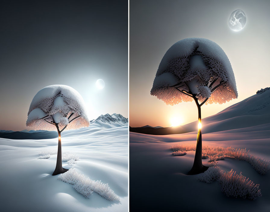 Split-image of lone tree in snowy landscape with day and night scenes, sun and moon illuminating.