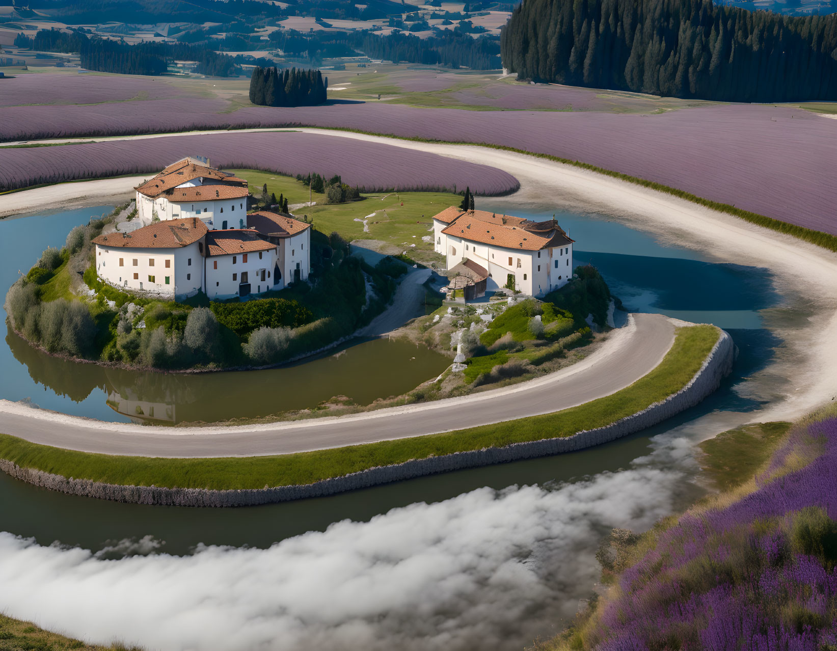 Historical buildings and lavender fields by winding river