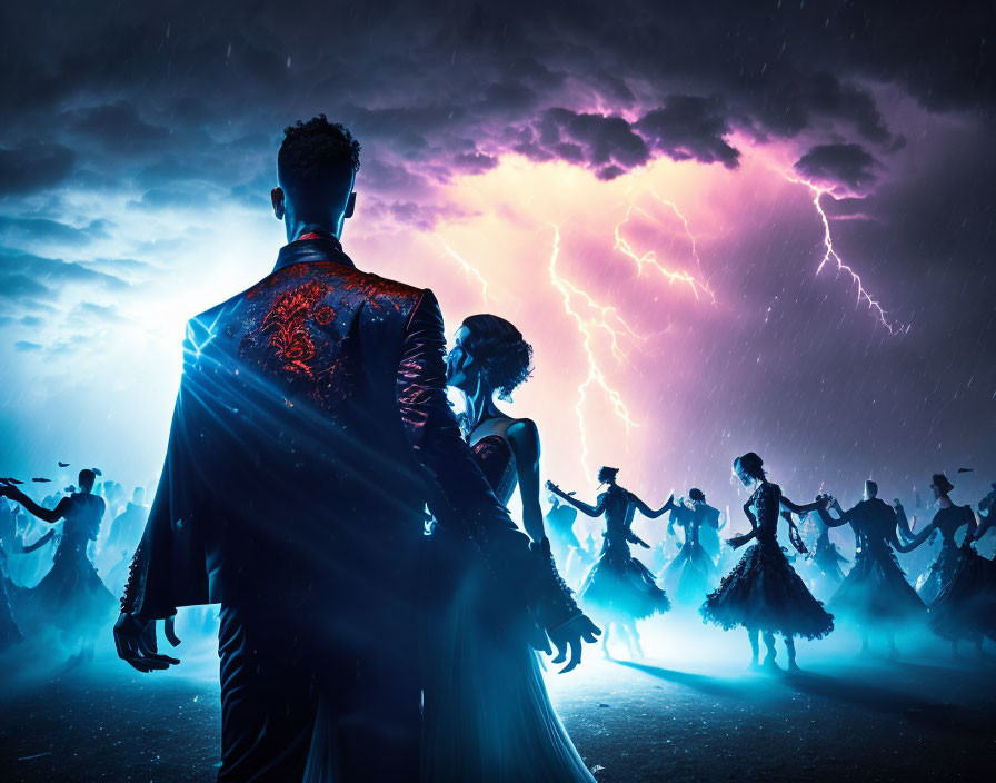 Elegant couple in formal attire with dancers and stormy night sky.