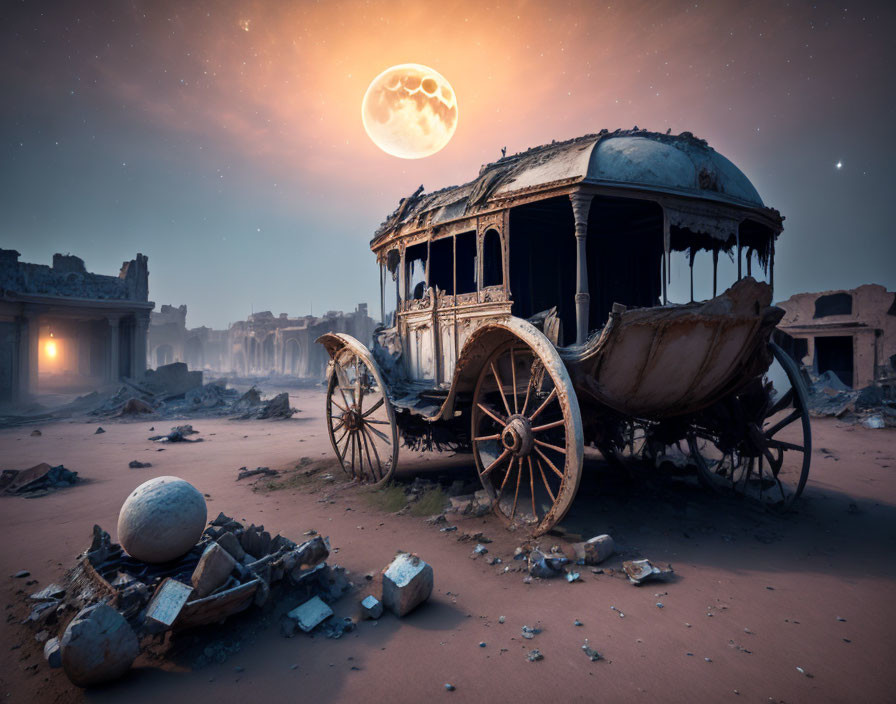 Abandoned carriage in twilight moonlight amid ruins