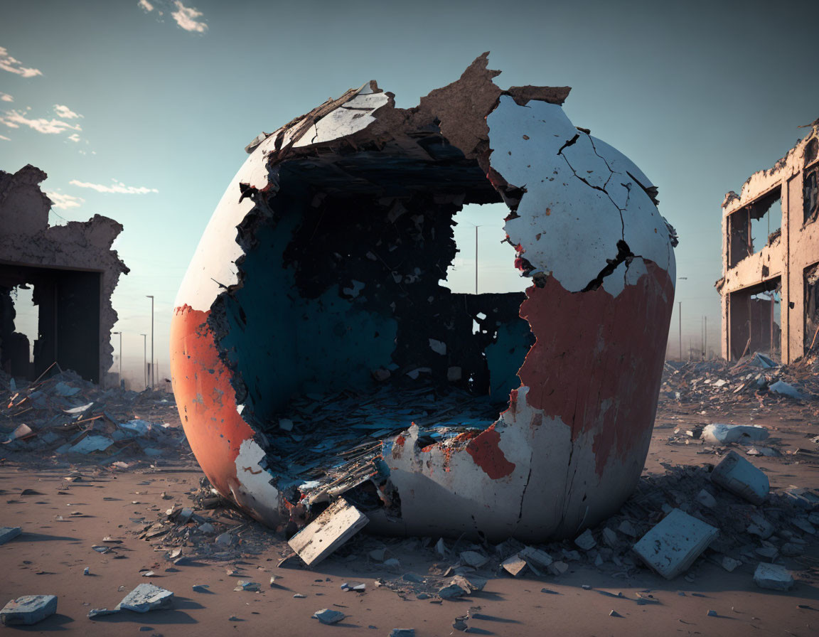 Decaying spherical structure in ruins under hazy sky
