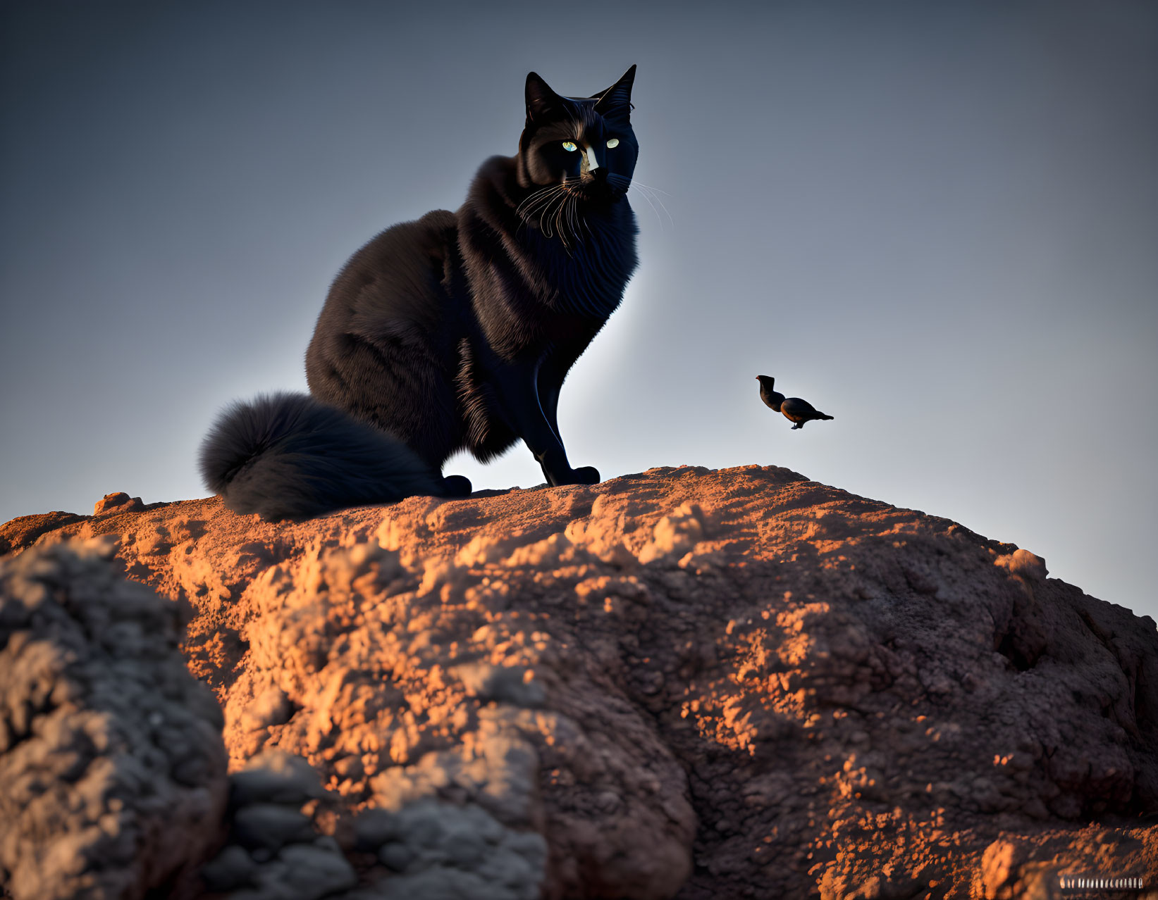 Black Cat with Striking Eyes Watching Bird on Outcrop at Twilight