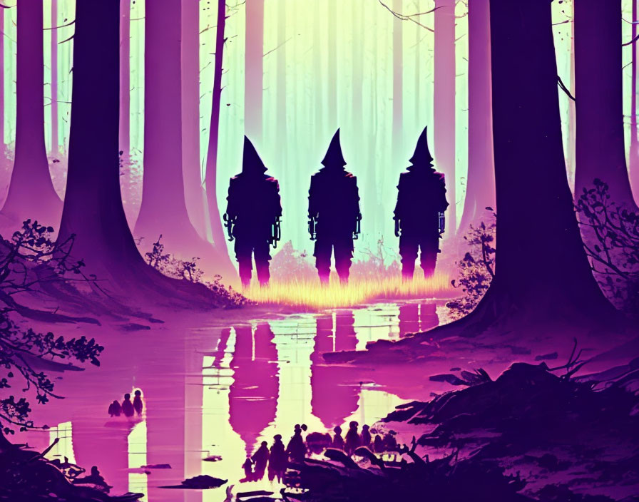 Silhouetted figures on horseback in mystical purple forest with reflections and ethereal light.