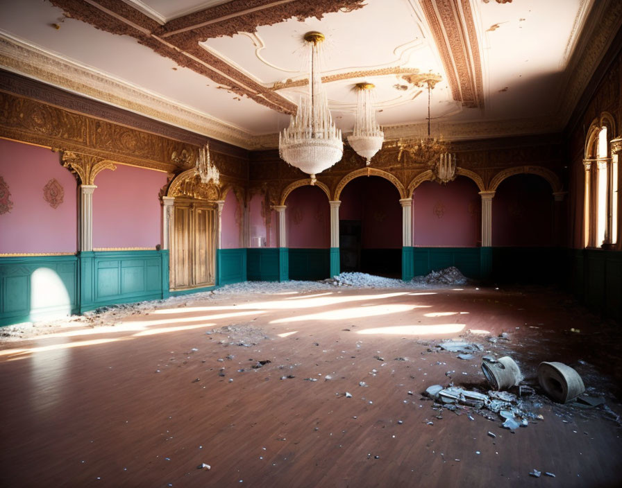 Abandoned ornate room with sunlight and shadows over debris-covered floor