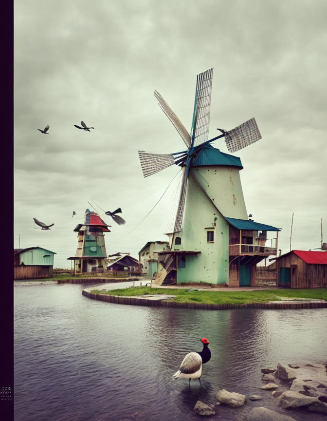 Rustic windmill by water with birds under overcast sky