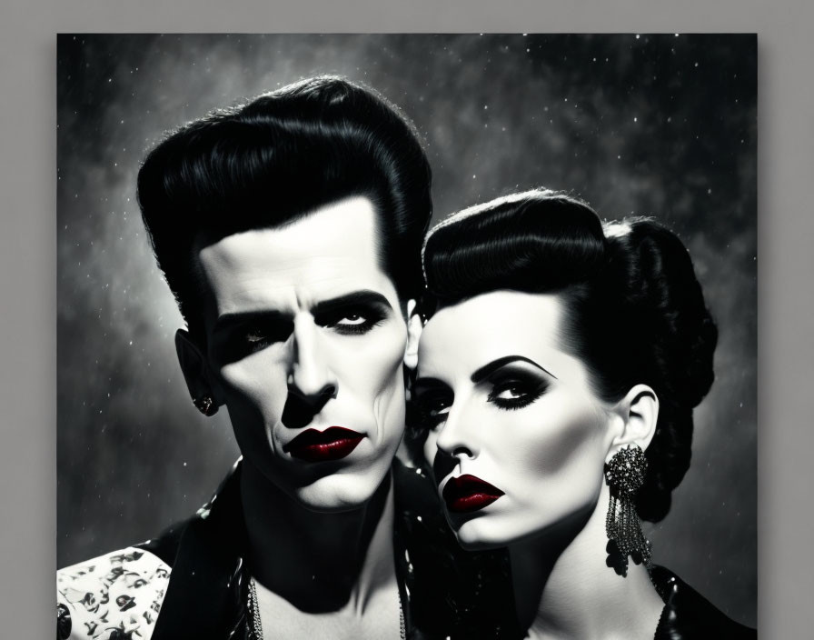 Stylish man and woman with sculpted hair and red lips in monochrome image