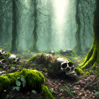 Mystical forest with sunlight, moss-covered ground, human skulls, and eerie fog