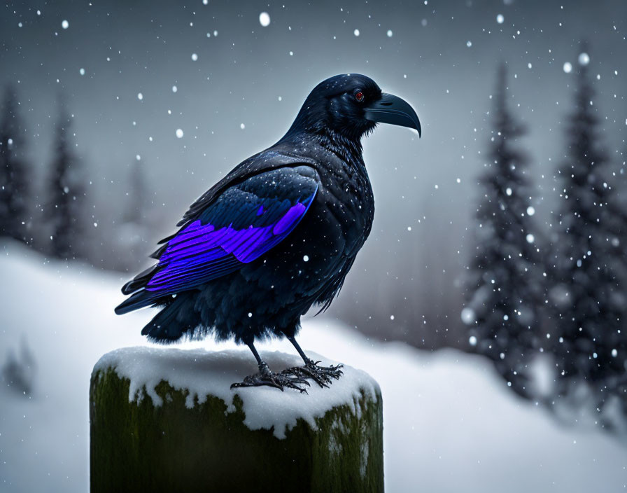 Blue-feathered raven on post in snowy pine tree scene