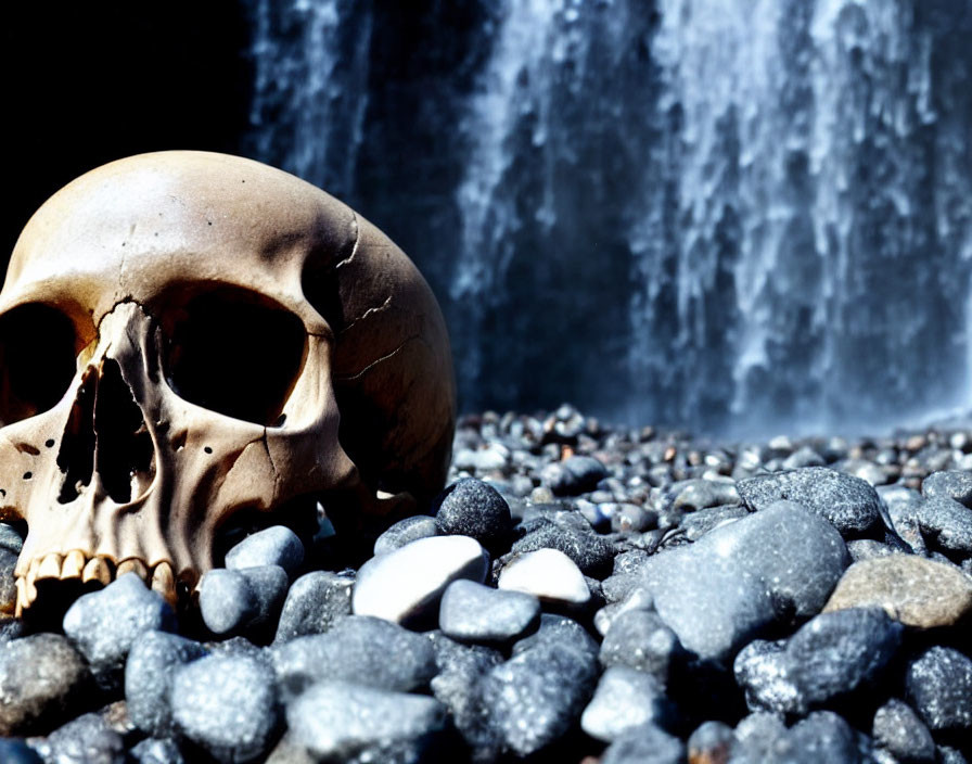 Human skull on pebbles with blurred waterfall.