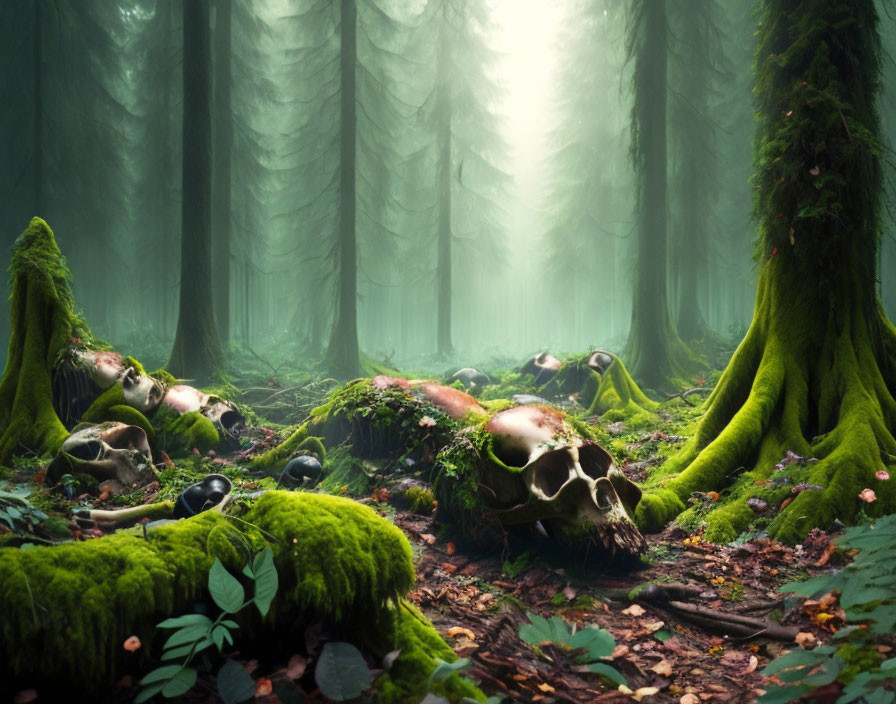 Mystical forest scene with moss-covered roots and scattered skulls