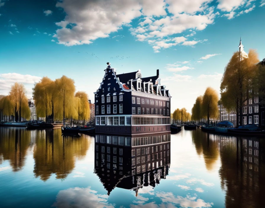 Traditional Dutch building reflected in canal with willow trees