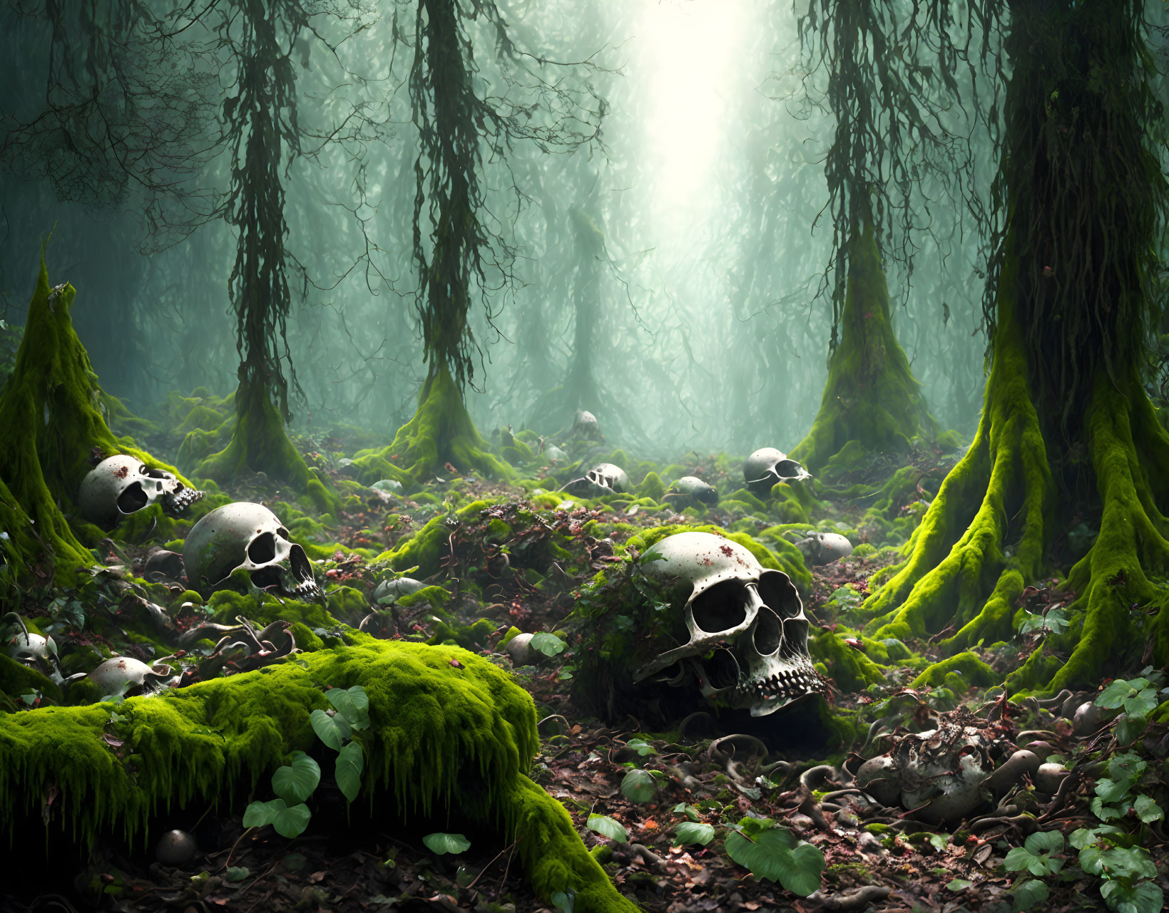 Mystical forest with sunlight, moss-covered ground, human skulls, and eerie fog