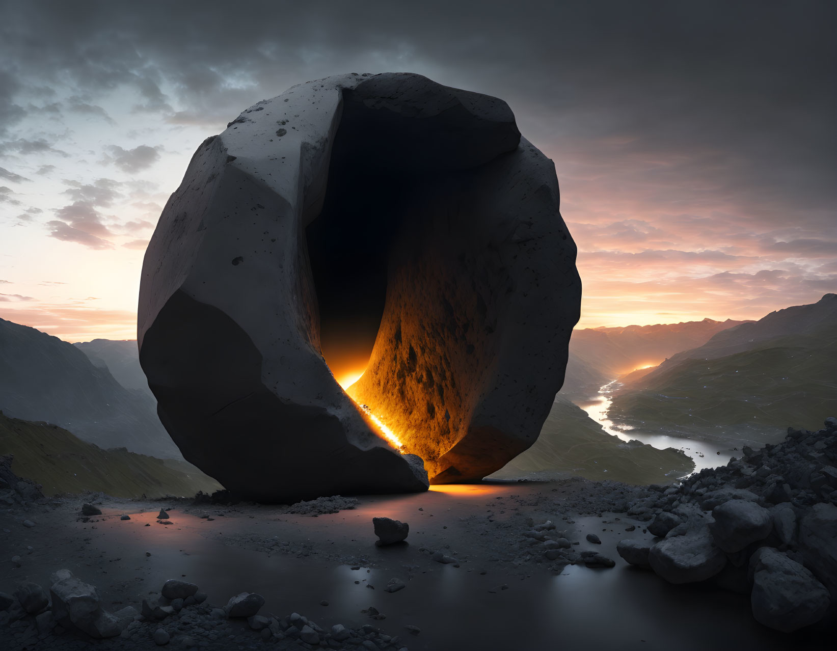 Glowing hollow rock in mountain landscape at sunset