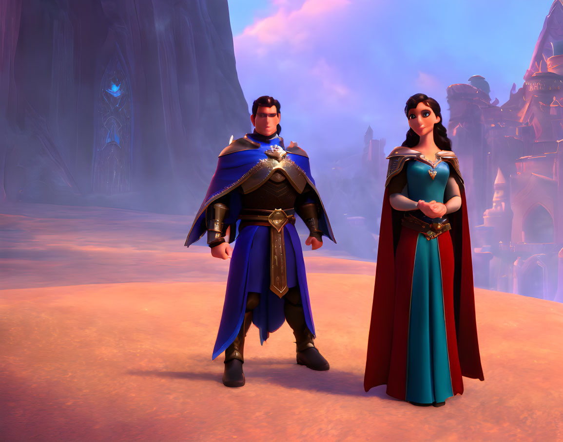 Male and female animated characters in royal fantasy attire on reddish otherworldly backdrop.