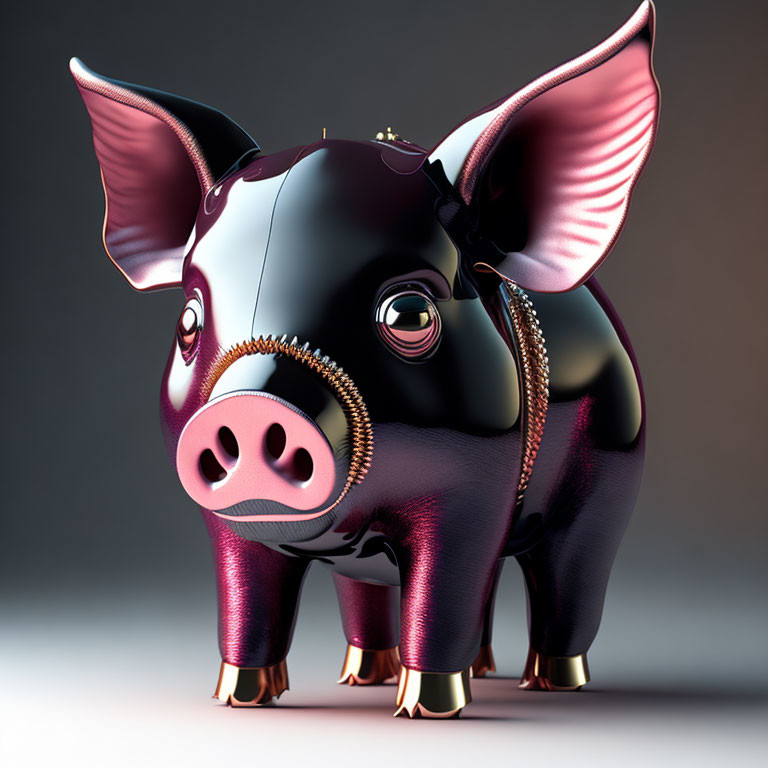 Pink Piggy Bank with Zipper: 3D Illustration with Gold Accents