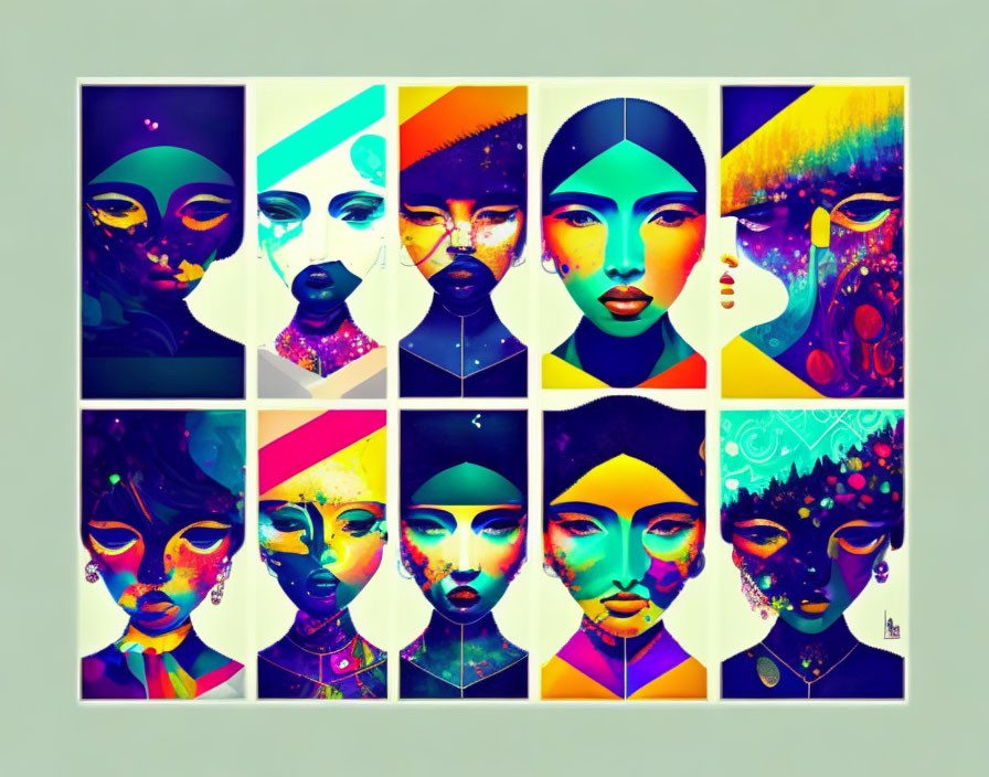Vibrant Collage of Stylized Portraits with Abstract Art Style