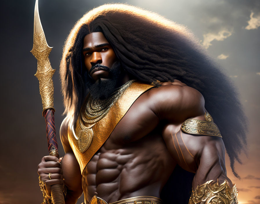 Muscular warrior with spear, golden armor, and beard under cloudy sky