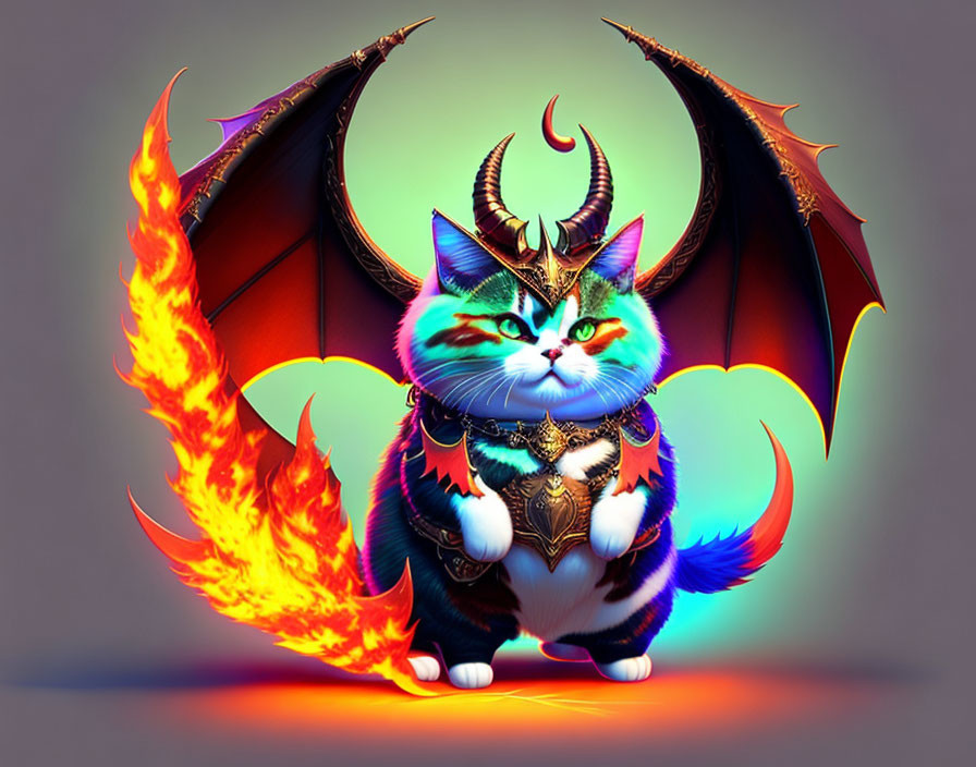 Fantasy armored cat with dragon wings and flaming tail in colorful illustration