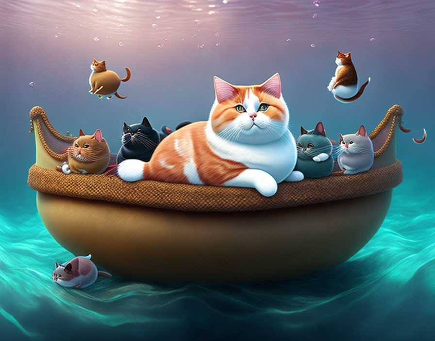 Whimsical cat illustration on pie boat in mystical water