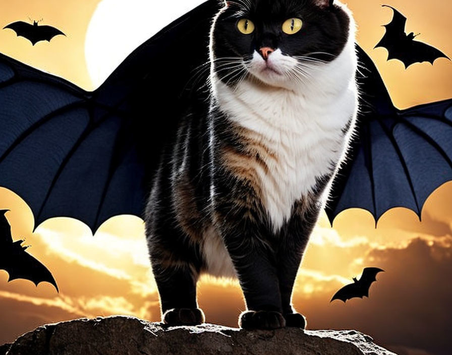 Black and white cat with bat wings on rock at sunset with flying bats