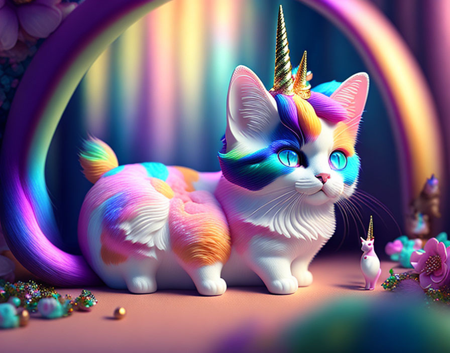 Fantasy cat with unicorn horn in vibrant, whimsical setting