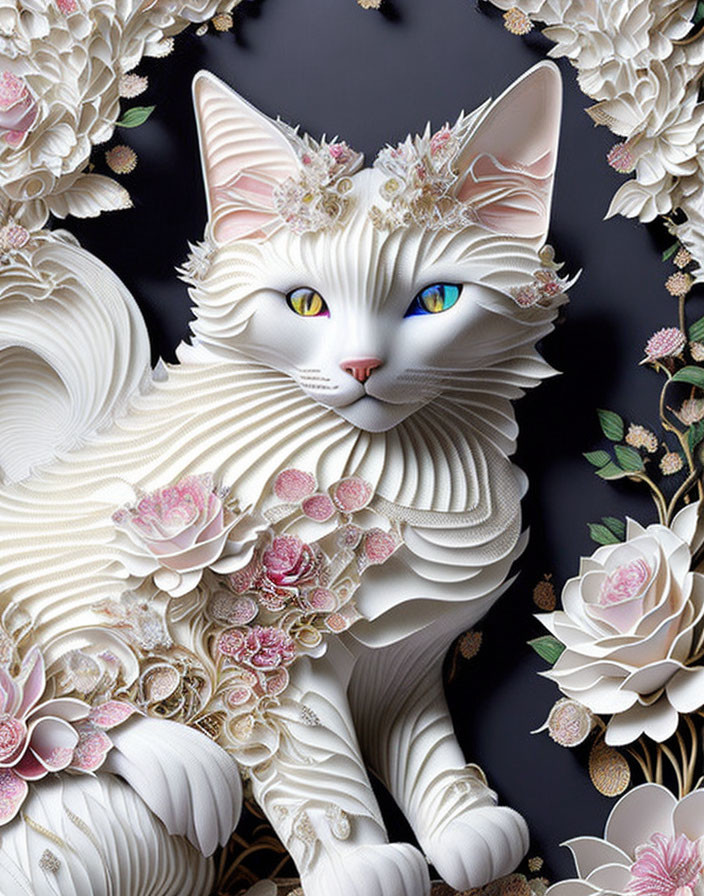 Detailed Illustration of White Cat with Heterochromatic Eyes and Floral Crown