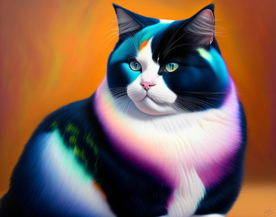 Colorful Plump Cat Illustration with White, Orange, Black Fur & Bright Eyes