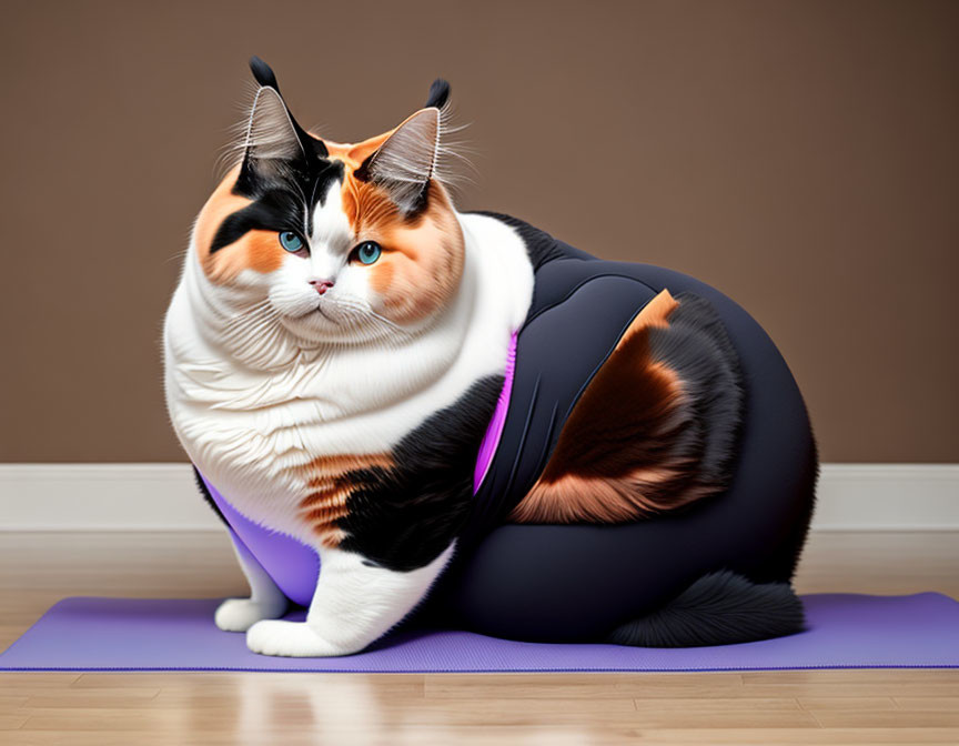 Chubby Cat in Tricolor Coat on Purple Yoga Mat with Human-like Gym Leggings