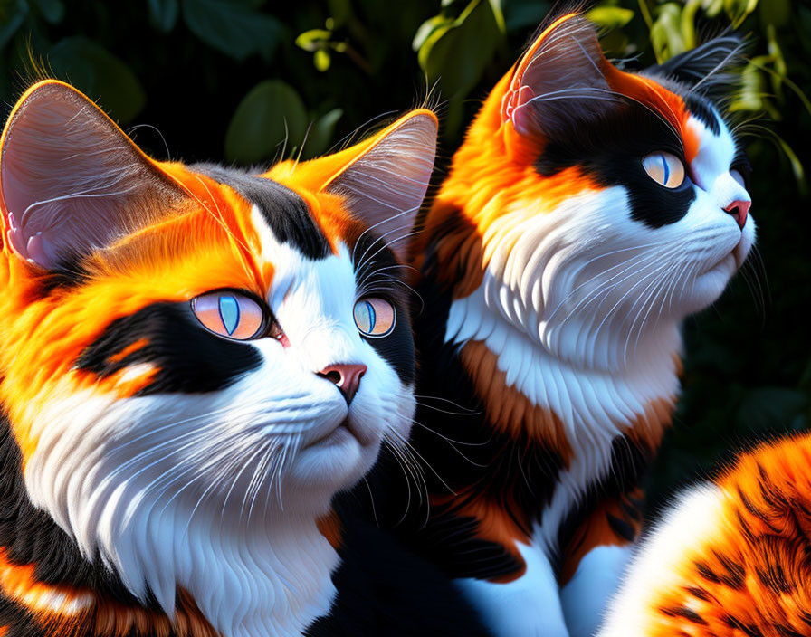 Vibrant Digital Artwork: Cats with Orange, Black, and White Fur