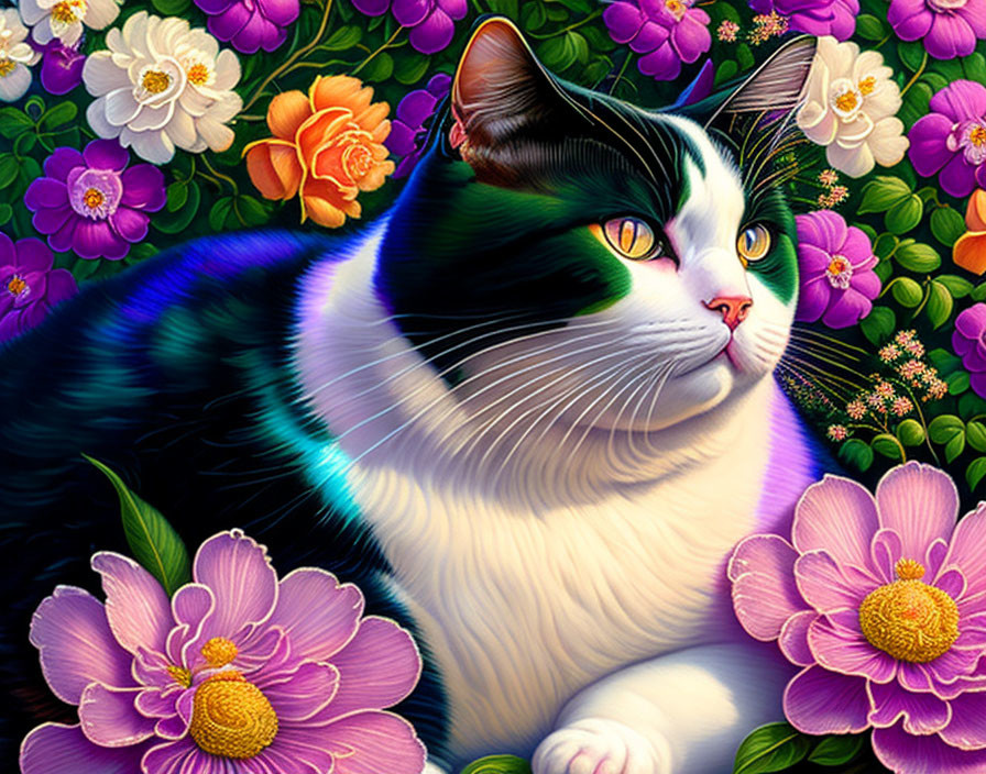 Detailed Black and White Cat Illustration with Colorful Flowers