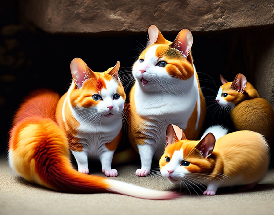 Four Cartoon Cats with Large Ears and Blue Eyes on Dark Background