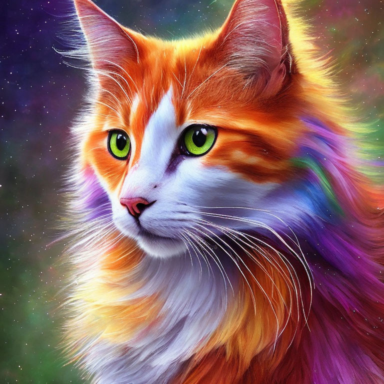 Colorful Cat with Green Eyes in Cosmic Setting
