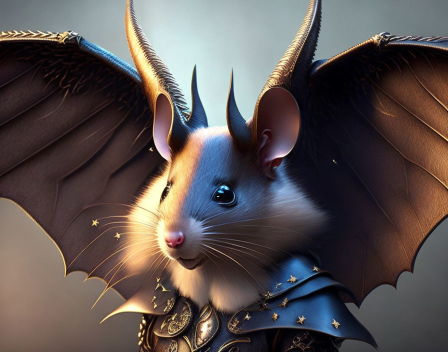 Fantasy armor-wearing mouse with bat wings and large ears in soft-focus setting
