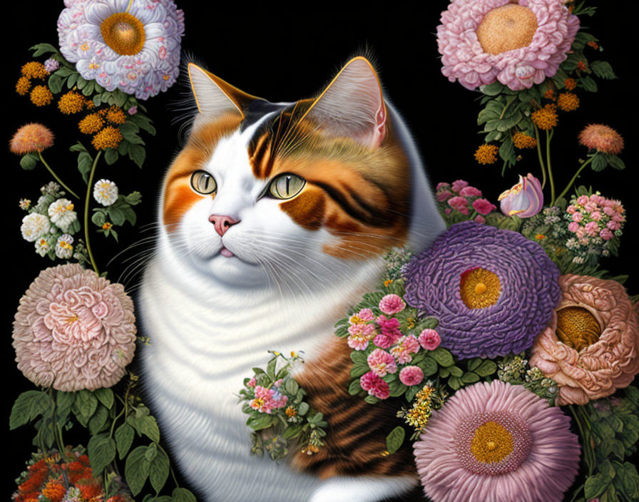 Calico Cat with Amber Eyes Among Colorful Flowers on Black Background