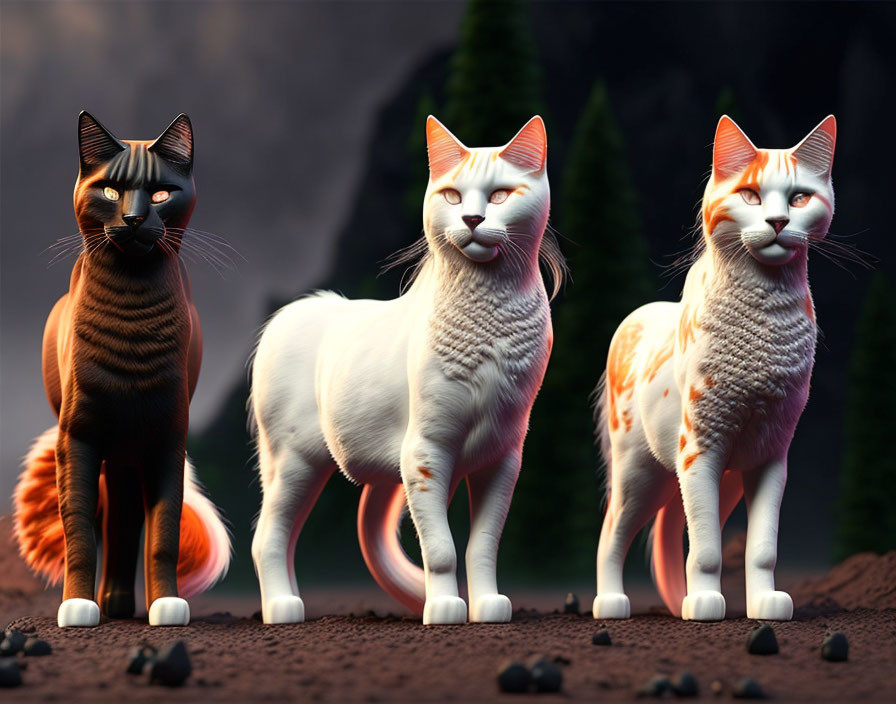 Stylized anthropomorphic cats with human-like expressions on rocky terrain